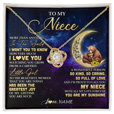 Love Knot Necklace 18K Yellow Gold Finish | 1 | Personalized To My Niece Necklace From Aunt Uncle Positive Energy Encourage Brave Little Bear Niece Birthday Gifts Christmas Customized Gift Box Message Card | siriusteestore