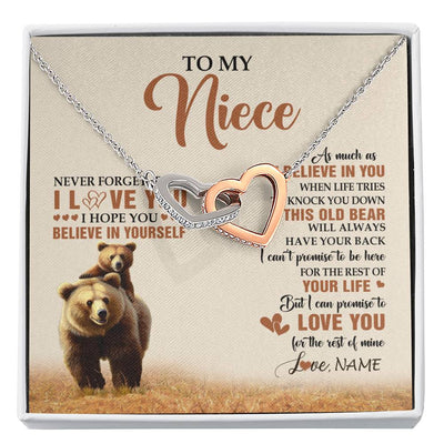 Interlocking Hearts Necklace Stainless Steel & Rose Gold Finish | 1 | Personalized To My Niece Necklace From Aunt Uncle This Old Bear Love You Niece Birthday Gifts Jewelry Graduation Christmas Customized Gift Box Message Card | siriusteestore