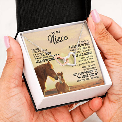 Interlocking Hearts Necklace Stainless Steel & Rose Gold Finish | 2 | Personalized To My Niece Necklace From Aunt Uncle This Old Horse Love You Niece Birthday Gifts Jewelry Graduation Christmas Customized Gift Box Message Card | siriusteestore