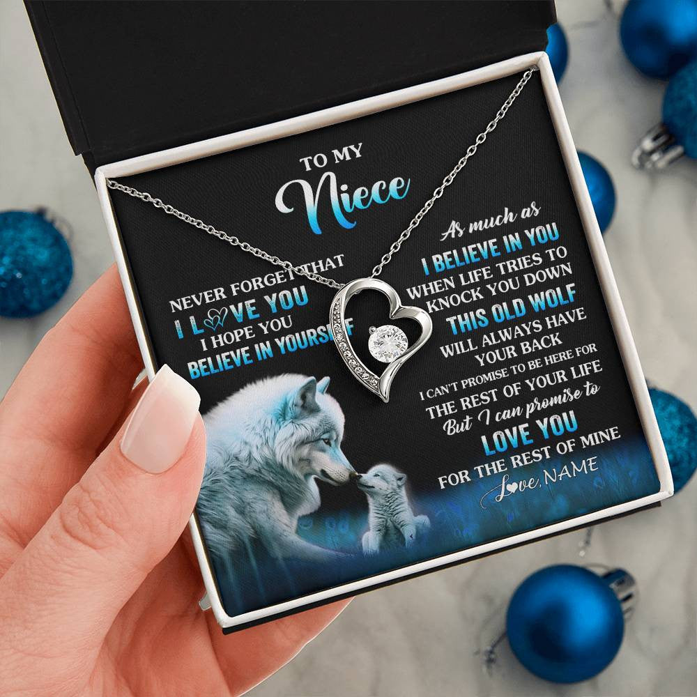 Forever Love Necklace 14K White Gold Finish | 2 | Personalized To My Niece Necklace From Aunt Uncle This Old Wolf Love Niece Birthday Gifts Jewelry Graduation Christmas Customized Gift Box Message Card | siriusteestore