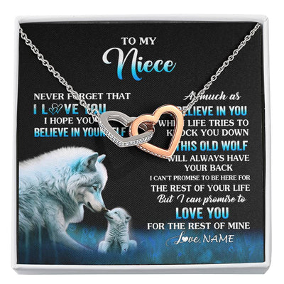 Interlocking Hearts Necklace Stainless Steel & Rose Gold Finish | 1 | Personalized To My Niece Necklace From Aunt Uncle This Old Wolf Love Niece Birthday Gifts Jewelry Graduation Christmas Customized Gift Box Message Card | siriusteestore