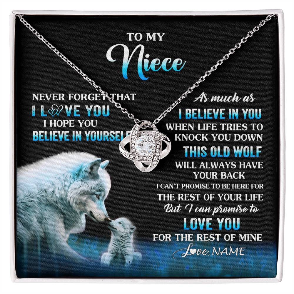 Love Knot Necklace 14K White Gold Finish | 1 | Personalized To My Niece Necklace From Aunt Uncle This Old Wolf Love Niece Birthday Gifts Jewelry Graduation Christmas Customized Gift Box Message Card | siriusteestore