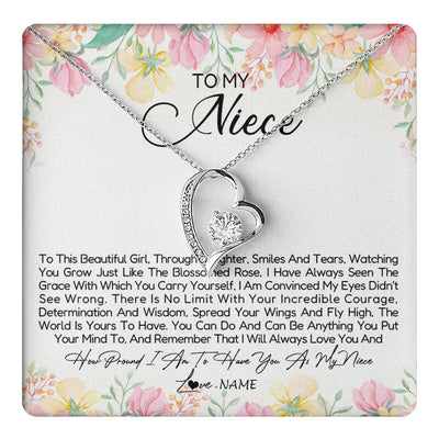 Forever Love Necklace 14K White Gold Finish | 1 | Personalized To My Niece Necklace From Aunt Uncle To This Beautiful Niece Pendant Jewelry Birthday Graduation Christmas Customized Gift Box Message Card | siriusteestore