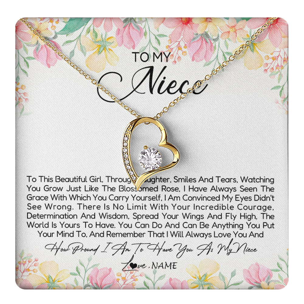 Forever Love Necklace 18K Yellow Gold Finish | 1 | Personalized To My Niece Necklace From Aunt Uncle To This Beautiful Niece Pendant Jewelry Birthday Graduation Christmas Customized Gift Box Message Card | siriusteestore