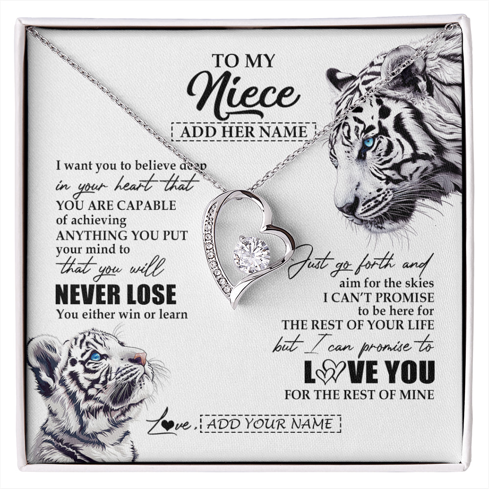 Forever Love Necklace 14K White Gold Finish | 1 | Personalized To My Niece Necklace From Aunt Uncle You Will Never Lose White Tiger Niece Birthday Gifts Graduation Christmas Custom Gift Box Message Card | siriusteestore