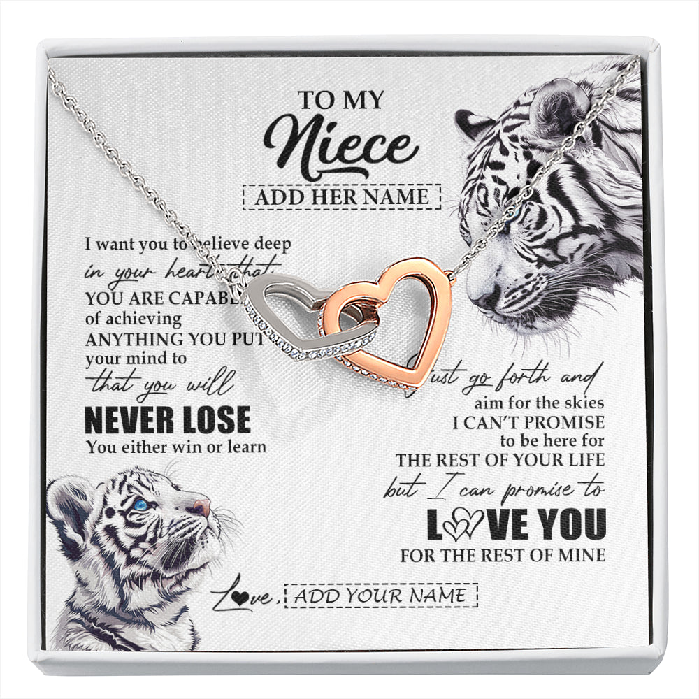 Interlocking Hearts Necklace Stainless Steel & Rose Gold Finish | 1 | Personalized To My Niece Necklace From Aunt Uncle You Will Never Lose White Tiger Niece Birthday Gifts Graduation Christmas Custom Gift Box Message Card | siriusteestore
