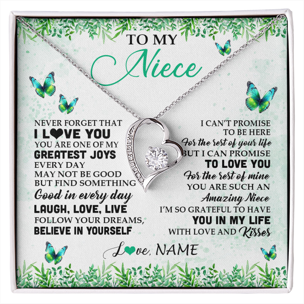 Forever Love Necklace 14K White Gold Finish | 1 | Personalized To My Niece Necklace From Uncle Aunt Auntie Butterfly Laugh Love Live Birthday Motivational Quote Christmas Customized Gift Box Message Card | siriusteestore
