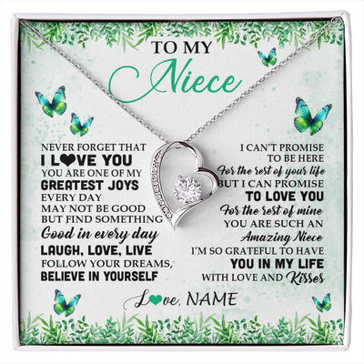 Forever Love Necklace 14K White Gold Finish | 1 | Personalized To My Niece Necklace From Uncle Aunt Auntie Butterfly Laugh Love Live Birthday Motivational Quote Christmas Customized Gift Box Message Card | siriusteestore