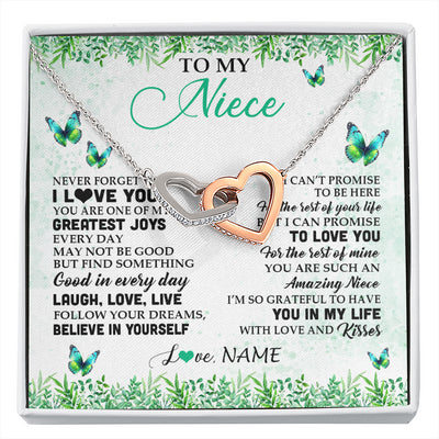 Interlocking Hearts Necklace Stainless Steel & Rose Gold Finish | 1 | Personalized To My Niece Necklace From Uncle Aunt Auntie Butterfly Laugh Love Live Birthday Motivational Quote Christmas Customized Gift Box Message Card | siriusteestore