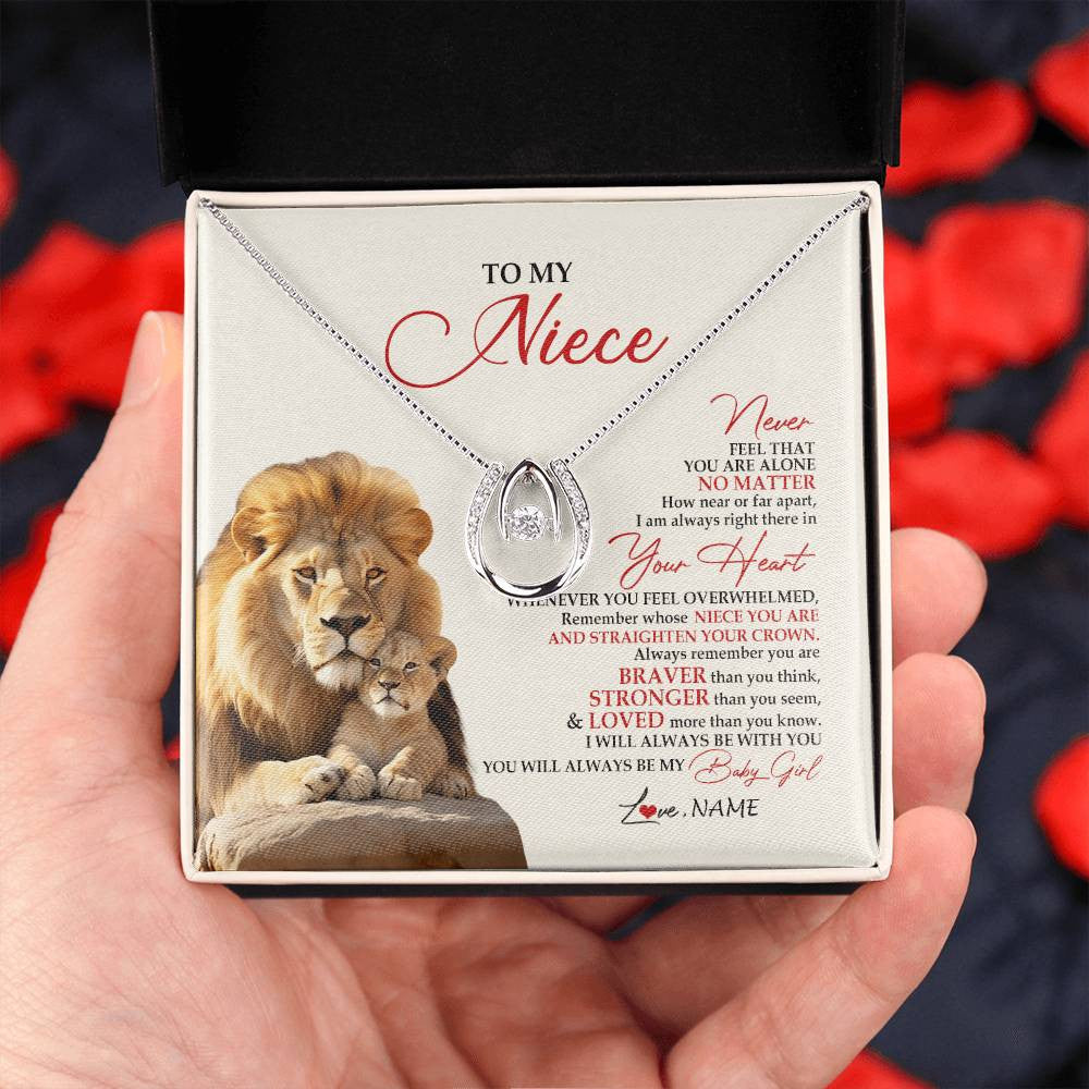 Lucky In Love Necklace 14K White Gold Finish | 2 | Personalized To My Niece Necklace From Uncle Aunt Never Feel You Are Alone Lion Niece Birthday Graduation Christmas Customized Message Card | siriusteestore