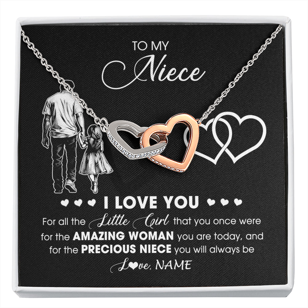 Interlocking Hearts Necklace Stainless Steel & Rose Gold Finish | 1 | Personalized To My Niece Necklace From Uncle I Love You Little Girl Niece Birthday Graduation Christmas Jewelry Customized Gift Box Message Card | siriusteestore