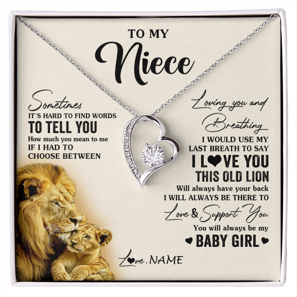 Forever Love Necklace 14K White Gold Finish | 1 | Personalized To My Niece Necklace From Uncle I Love You This Old Lion Niece Birthday Graduation Christmas Jewelry Customized Gift Box Message Card | siriusteestore