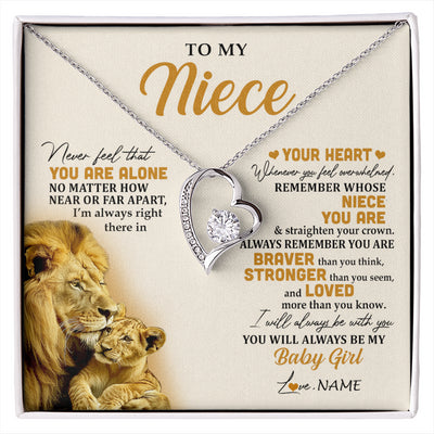 Forever Love Necklace 14K White Gold Finish | 1 | Personalized To My Niece Necklace From Uncle Lion Never Feel That You Are Alone Great Niece Pendant Birthday Christmas Customized Gift Box Message Card | siriusteestore