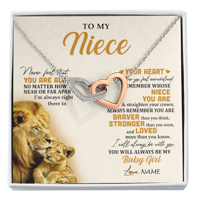 Interlocking Hearts Necklace Stainless Steel & Rose Gold Finish | 1 | Personalized To My Niece Necklace From Uncle Lion Never Feel That You Are Alone Great Niece Pendant Birthday Christmas Customized Gift Box Message Card | siriusteestore