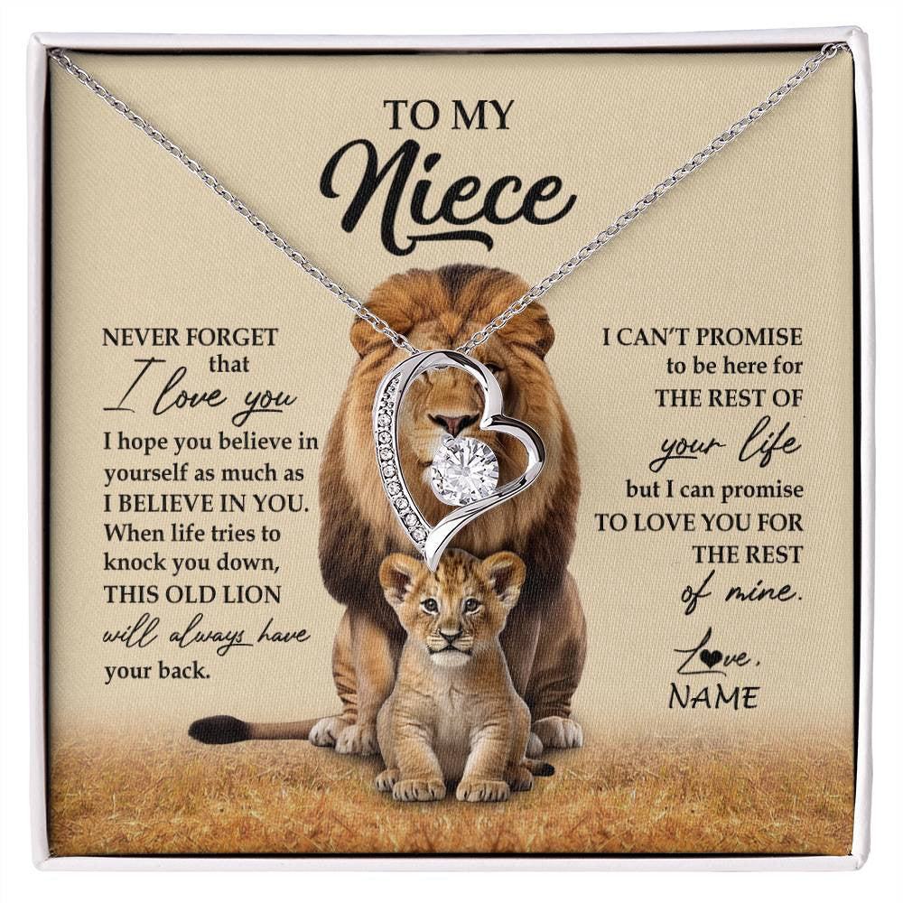 Forever Love Necklace 14K White Gold Finish | 1 | Personalized To My Niece Necklace From Uncle Lion Never Forget That I Love You Niece Jewelry Birthday Graduation Christmas Customized Message Card | siriusteestore
