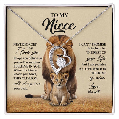 Forever Love Necklace 14K White Gold Finish | 1 | Personalized To My Niece Necklace From Uncle Lion Never Forget That I Love You Niece Jewelry Birthday Graduation Christmas Customized Message Card | siriusteestore
