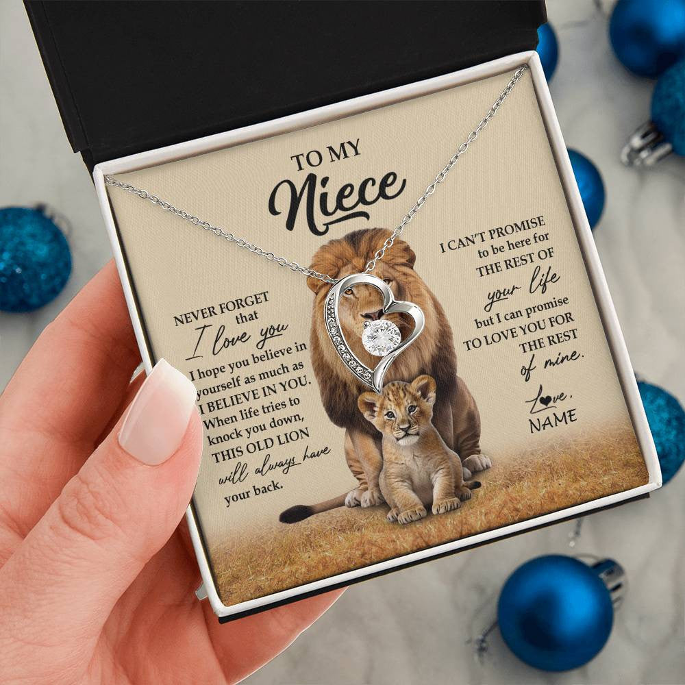 Forever Love Necklace 14K White Gold Finish | 2 | Personalized To My Niece Necklace From Uncle Lion Never Forget That I Love You Niece Jewelry Birthday Graduation Christmas Customized Message Card | siriusteestore