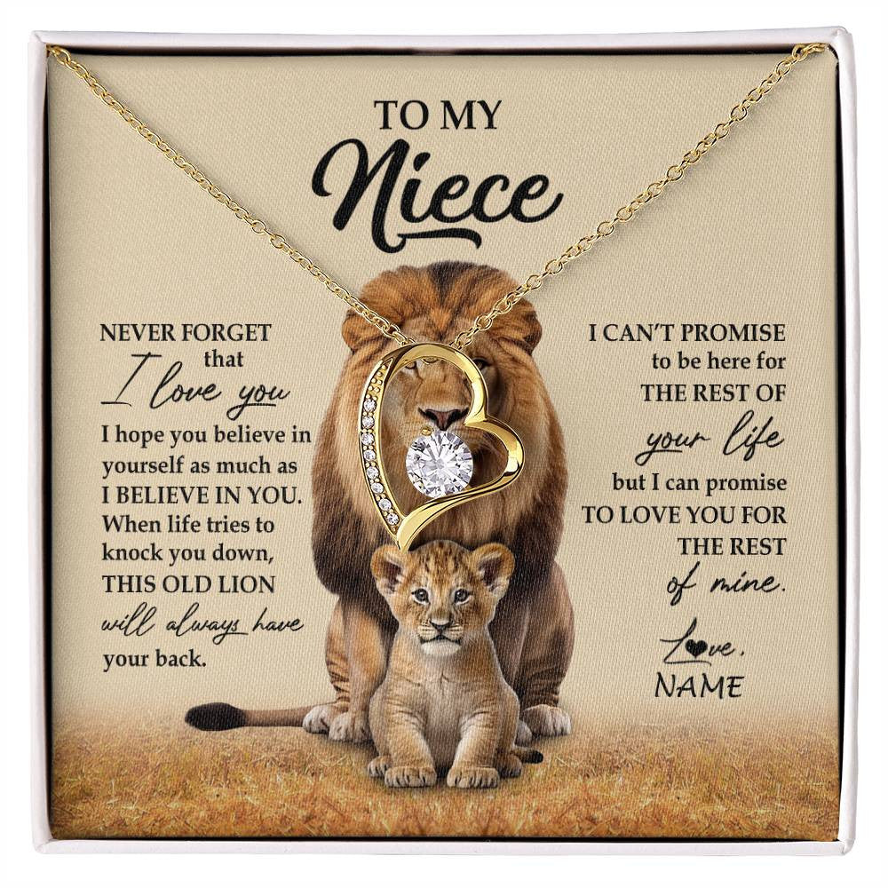 Forever Love Necklace 18K Yellow Gold Finish | 1 | Personalized To My Niece Necklace From Uncle Lion Never Forget That I Love You Niece Jewelry Birthday Graduation Christmas Customized Message Card | siriusteestore