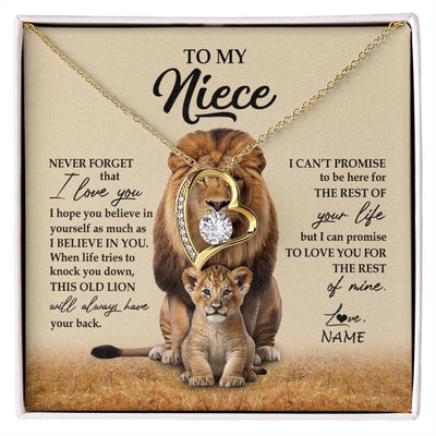 Forever Love Necklace 18K Yellow Gold Finish | 1 | Personalized To My Niece Necklace From Uncle Lion Never Forget That I Love You Niece Jewelry Birthday Graduation Christmas Customized Message Card | siriusteestore