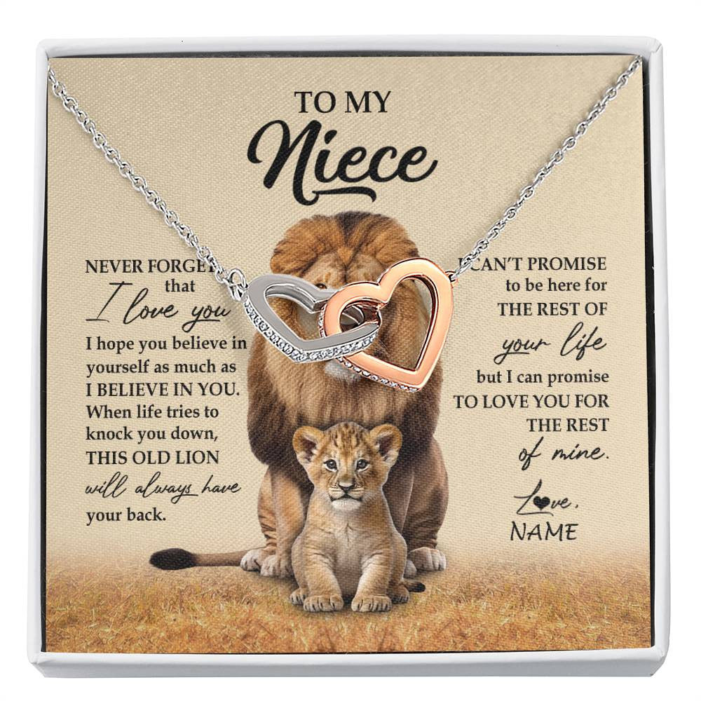 Interlocking Hearts Necklace Stainless Steel & Rose Gold Finish | 1 | Personalized To My Niece Necklace From Uncle Lion Never Forget That I Love You Niece Jewelry Birthday Graduation Christmas Customized Message Card | siriusteestore