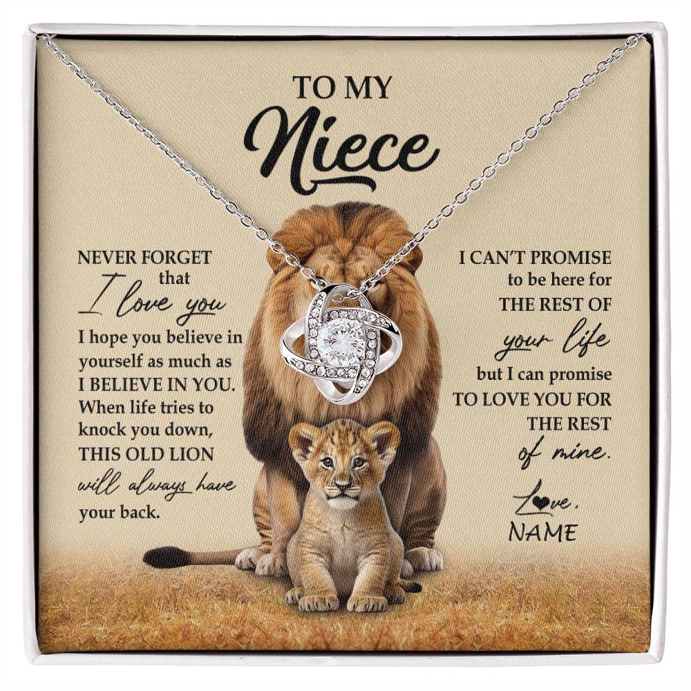 Love Knot Necklace 14K White Gold Finish | 1 | Personalized To My Niece Necklace From Uncle Lion Never Forget That I Love You Niece Jewelry Birthday Graduation Christmas Customized Message Card | siriusteestore