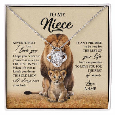 Love Knot Necklace 14K White Gold Finish | 1 | Personalized To My Niece Necklace From Uncle Lion Never Forget That I Love You Niece Jewelry Birthday Graduation Christmas Customized Message Card | siriusteestore