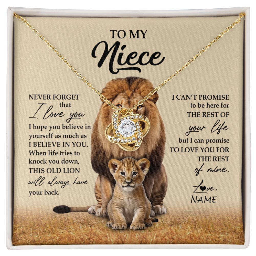 Love Knot Necklace 18K Yellow Gold Finish | 1 | Personalized To My Niece Necklace From Uncle Lion Never Forget That I Love You Niece Jewelry Birthday Graduation Christmas Customized Message Card | siriusteestore