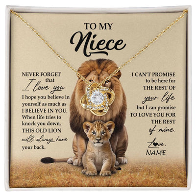 Love Knot Necklace 18K Yellow Gold Finish | 1 | Personalized To My Niece Necklace From Uncle Lion Never Forget That I Love You Niece Jewelry Birthday Graduation Christmas Customized Message Card | siriusteestore