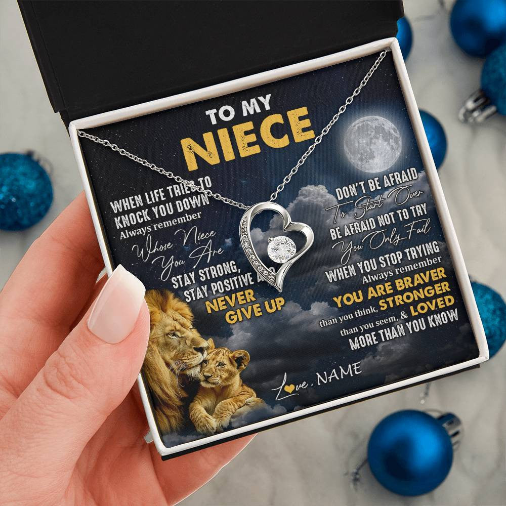 Forever Love Necklace 14K White Gold Finish | 2 | Personalized To My Niece Necklace From Uncle Lion Never Give Up Niece Birthday Graduation Christmas Jewelry Customized Gift Box Message Card | siriusteestore