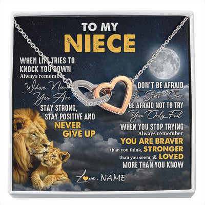Interlocking Hearts Necklace Stainless Steel & Rose Gold Finish | 1 | Personalized To My Niece Necklace From Uncle Lion Never Give Up Niece Birthday Graduation Christmas Jewelry Customized Gift Box Message Card | siriusteestore