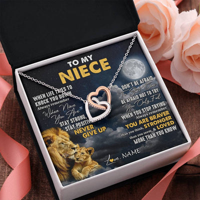 Interlocking Hearts Necklace Stainless Steel & Rose Gold Finish | 2 | Personalized To My Niece Necklace From Uncle Lion Never Give Up Niece Birthday Graduation Christmas Jewelry Customized Gift Box Message Card | siriusteestore