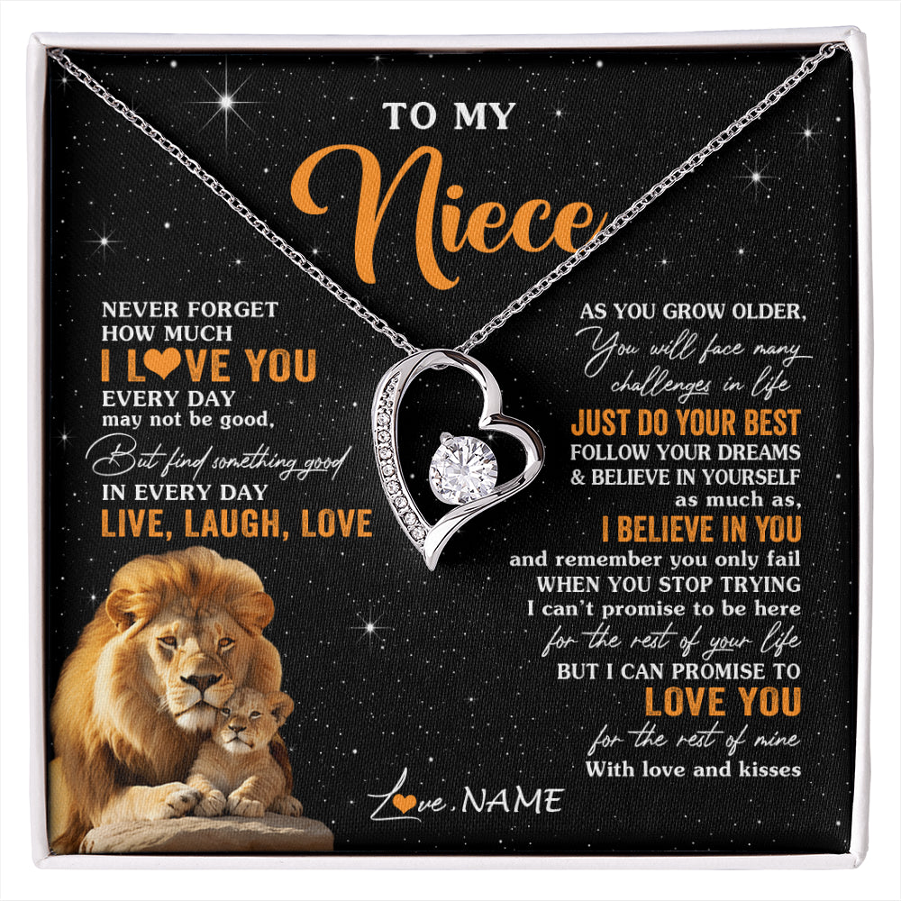 Forever Love Necklace 14K White Gold Finish | 1 | Personalized To My Niece Necklace From Uncle Live Laugh Love Lion Niece Birthday Gifts Positive Graduation Christmas Customized Gift Box Message Card | siriusteestore