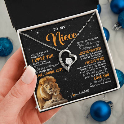 Forever Love Necklace 14K White Gold Finish | 2 | Personalized To My Niece Necklace From Uncle Live Laugh Love Lion Niece Birthday Gifts Positive Graduation Christmas Customized Gift Box Message Card | siriusteestore