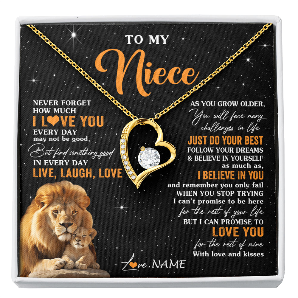 Forever Love Necklace 18K Yellow Gold Finish | 1 | Personalized To My Niece Necklace From Uncle Live Laugh Love Lion Niece Birthday Gifts Positive Graduation Christmas Customized Gift Box Message Card | siriusteestore