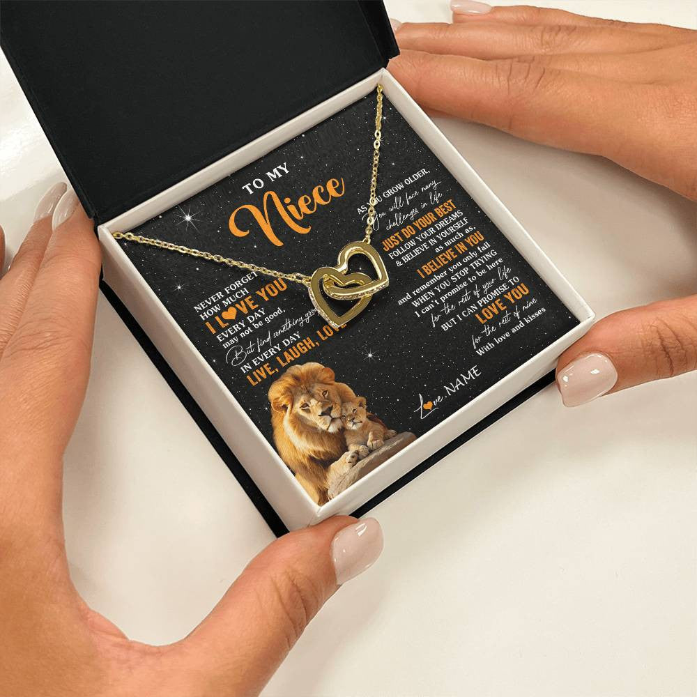 Interlocking Hearts Necklace 18K Yellow Gold Finish | 2 | Personalized To My Niece Necklace From Uncle Live Laugh Love Lion Niece Birthday Gifts Positive Graduation Christmas Customized Gift Box Message Card | siriusteestore