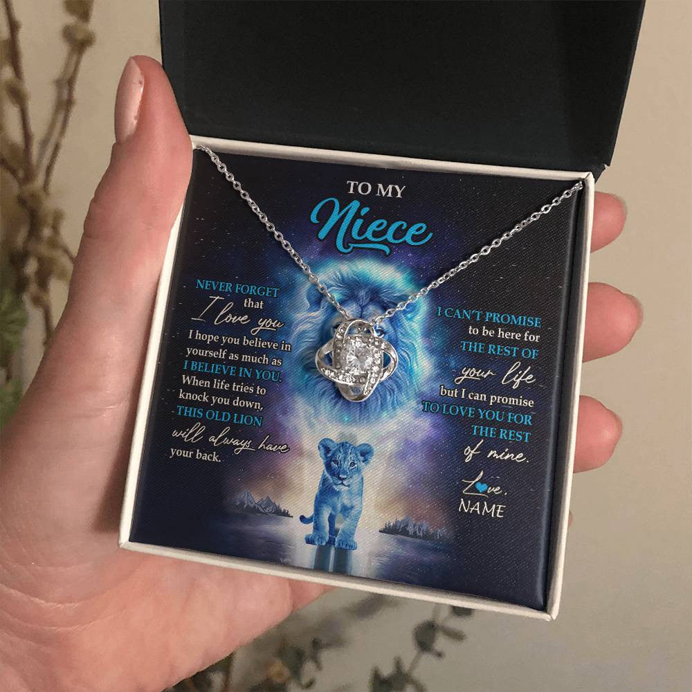 Love Knot Necklace 14K White Gold Finish | 2 | Personalized To My Niece Necklace From Uncle Never Forget I Love You Lion Niece Jewelry Birthday Graduation Christmas Customized Message Card | siriusteestore
