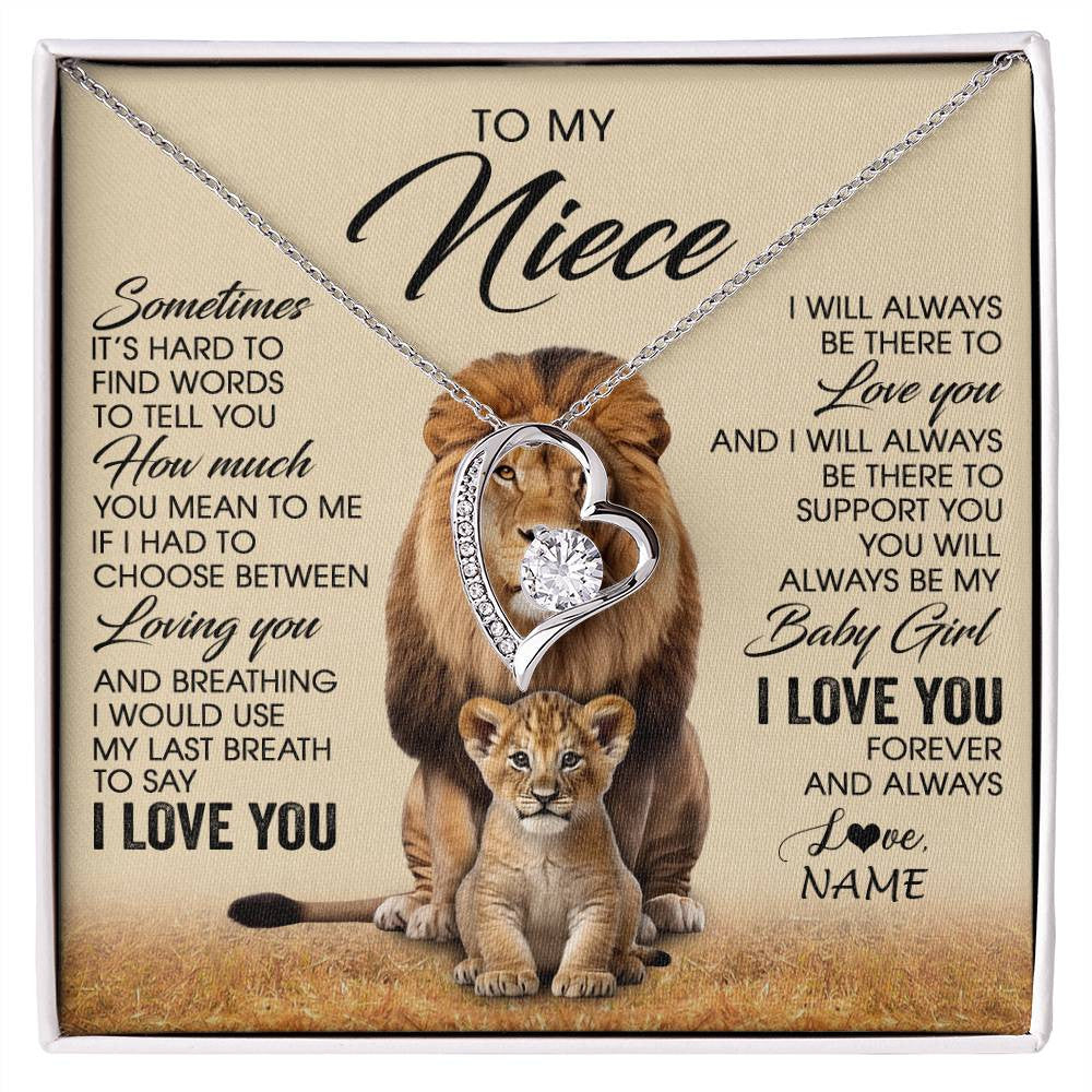 Forever Love Necklace 14K White Gold Finish | 1 | Personalized To My Niece Necklace From Uncle Sometimes It's Hard Lion Niece Gift Birthday Jewelry Graduation Christmas Customized Gift Box Message Card | siriusteestore