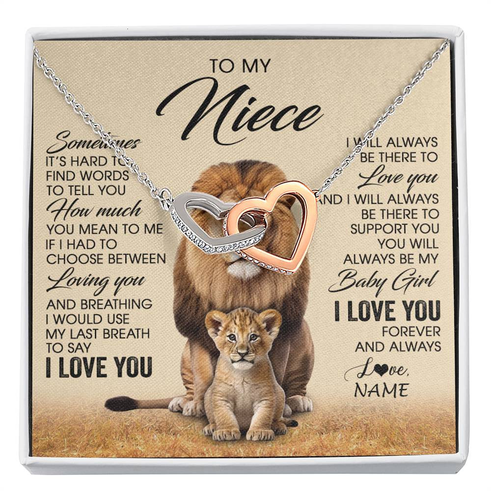 Interlocking Hearts Necklace Stainless Steel & Rose Gold Finish | 1 | Personalized To My Niece Necklace From Uncle Sometimes It's Hard Lion Niece Gift Birthday Jewelry Graduation Christmas Customized Gift Box Message Card | siriusteestore