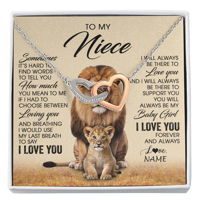 Interlocking Hearts Necklace Stainless Steel & Rose Gold Finish | 1 | Personalized To My Niece Necklace From Uncle Sometimes It's Hard Lion Niece Gift Birthday Jewelry Graduation Christmas Customized Gift Box Message Card | siriusteestore
