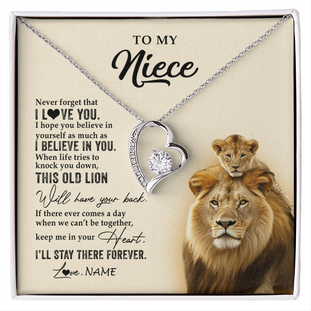 Forever Love Necklace 14K White Gold Finish | 1 | Personalized To My Niece Necklace From Uncle This Old Lion Never Forget I Love You Niece Jewelry Birthday Graduation Christmas Customized Gift Box Message Card | siriusteestore
