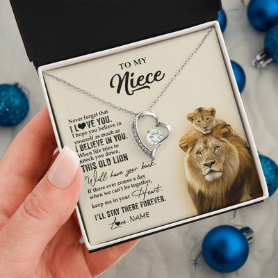 Forever Love Necklace 14K White Gold Finish | 2 | Personalized To My Niece Necklace From Uncle This Old Lion Never Forget I Love You Niece Jewelry Birthday Graduation Christmas Customized Gift Box Message Card | siriusteestore