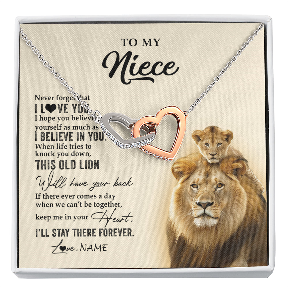 Interlocking Hearts Necklace Stainless Steel & Rose Gold Finish | 1 | Personalized To My Niece Necklace From Uncle This Old Lion Never Forget I Love You Niece Jewelry Birthday Graduation Christmas Customized Gift Box Message Card | siriusteestore