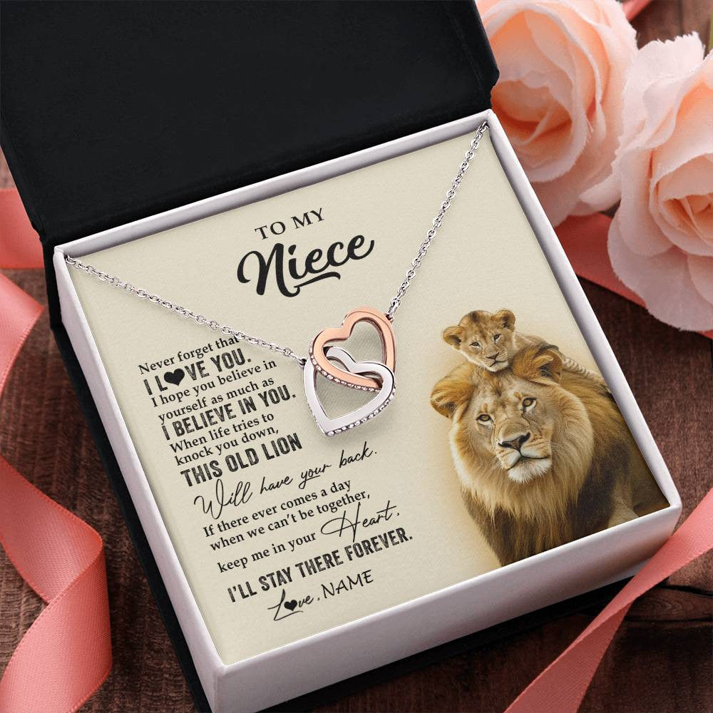 Interlocking Hearts Necklace Stainless Steel & Rose Gold Finish | 2 | Personalized To My Niece Necklace From Uncle This Old Lion Never Forget I Love You Niece Jewelry Birthday Graduation Christmas Customized Gift Box Message Card | siriusteestore