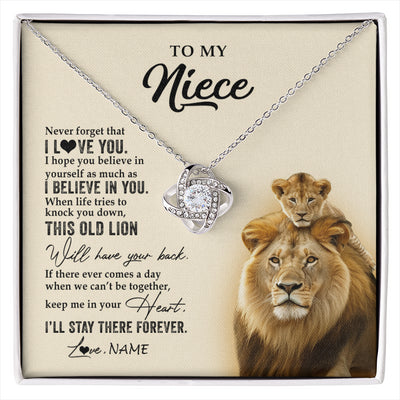 Love Knot Necklace 14K White Gold Finish | 1 | Personalized To My Niece Necklace From Uncle This Old Lion Never Forget I Love You Niece Jewelry Birthday Graduation Christmas Customized Gift Box Message Card | siriusteestore
