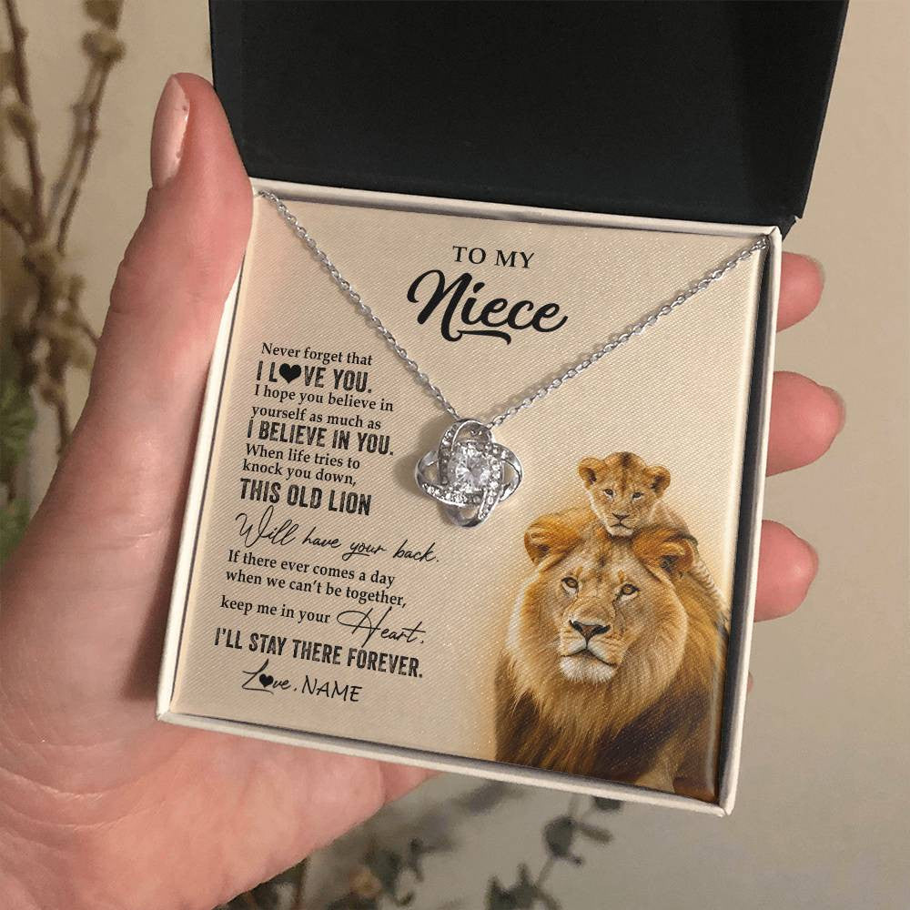 Love Knot Necklace 14K White Gold Finish | 2 | Personalized To My Niece Necklace From Uncle This Old Lion Never Forget I Love You Niece Jewelry Birthday Graduation Christmas Customized Gift Box Message Card | siriusteestore
