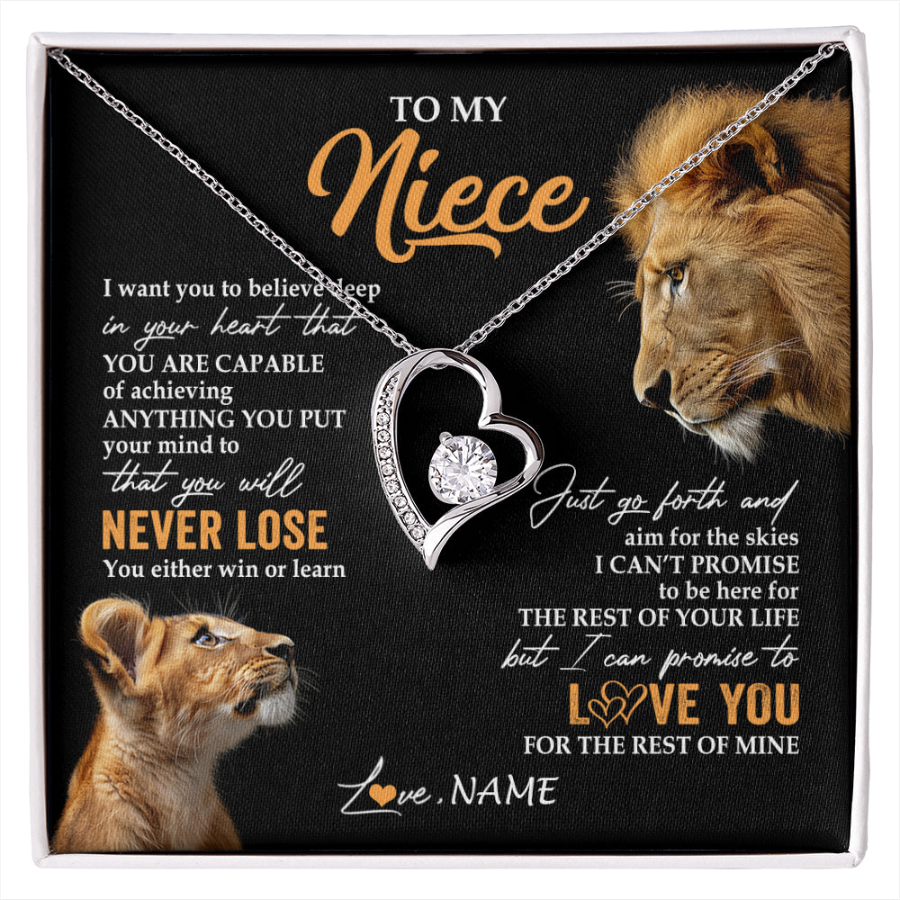 Forever Love Necklace 14K White Gold Finish | 1 | Personalized To My Niece Necklace From Uncle You Will Never Lose Lion Niece Birthday Gifts Graduation Christmas Customized Gift Box Message Card | siriusteestore
