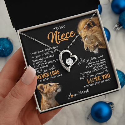 Forever Love Necklace 14K White Gold Finish | 2 | Personalized To My Niece Necklace From Uncle You Will Never Lose Lion Niece Birthday Gifts Graduation Christmas Customized Gift Box Message Card | siriusteestore