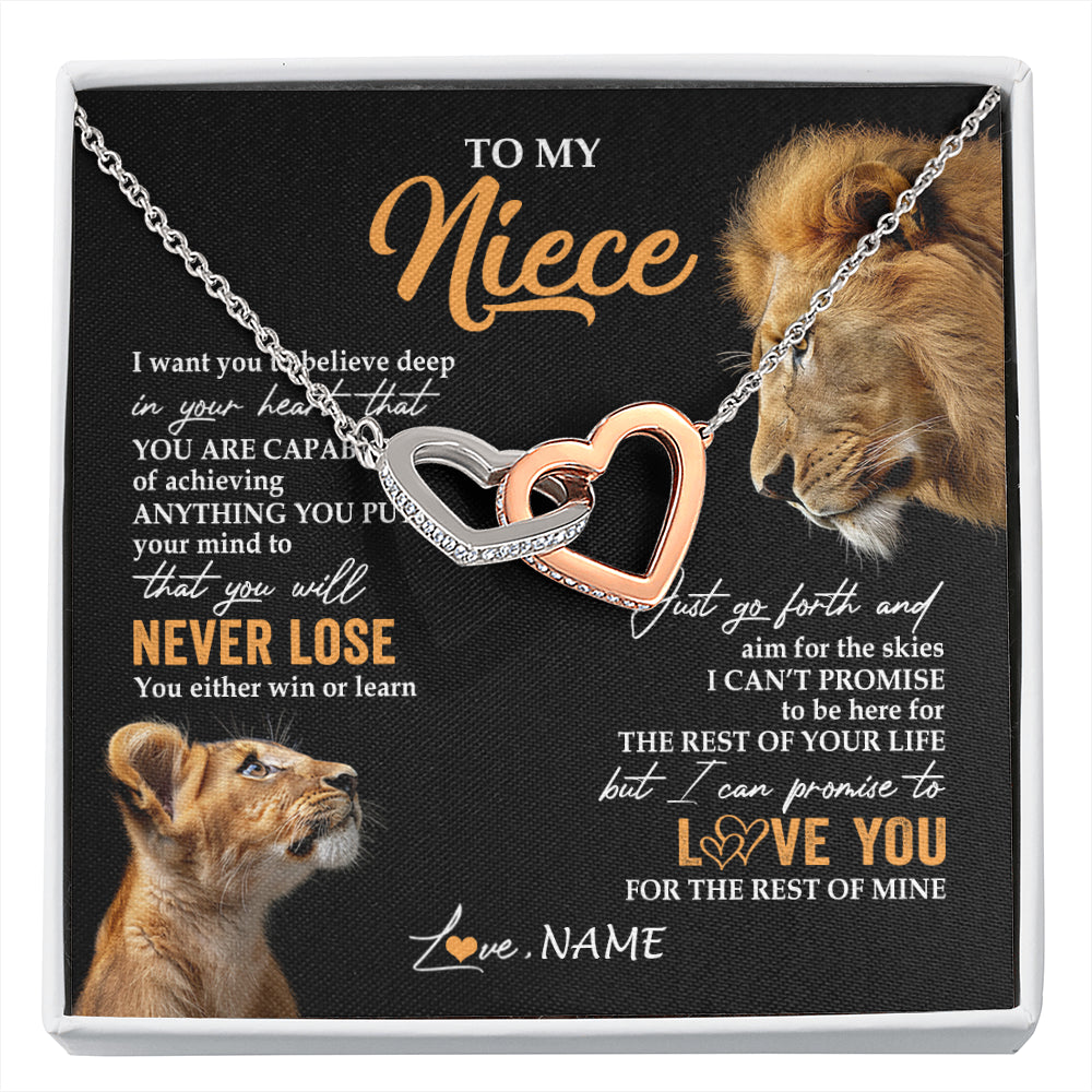 Interlocking Hearts Necklace Stainless Steel & Rose Gold Finish | 1 | Personalized To My Niece Necklace From Uncle You Will Never Lose Lion Niece Birthday Gifts Graduation Christmas Customized Gift Box Message Card | siriusteestore