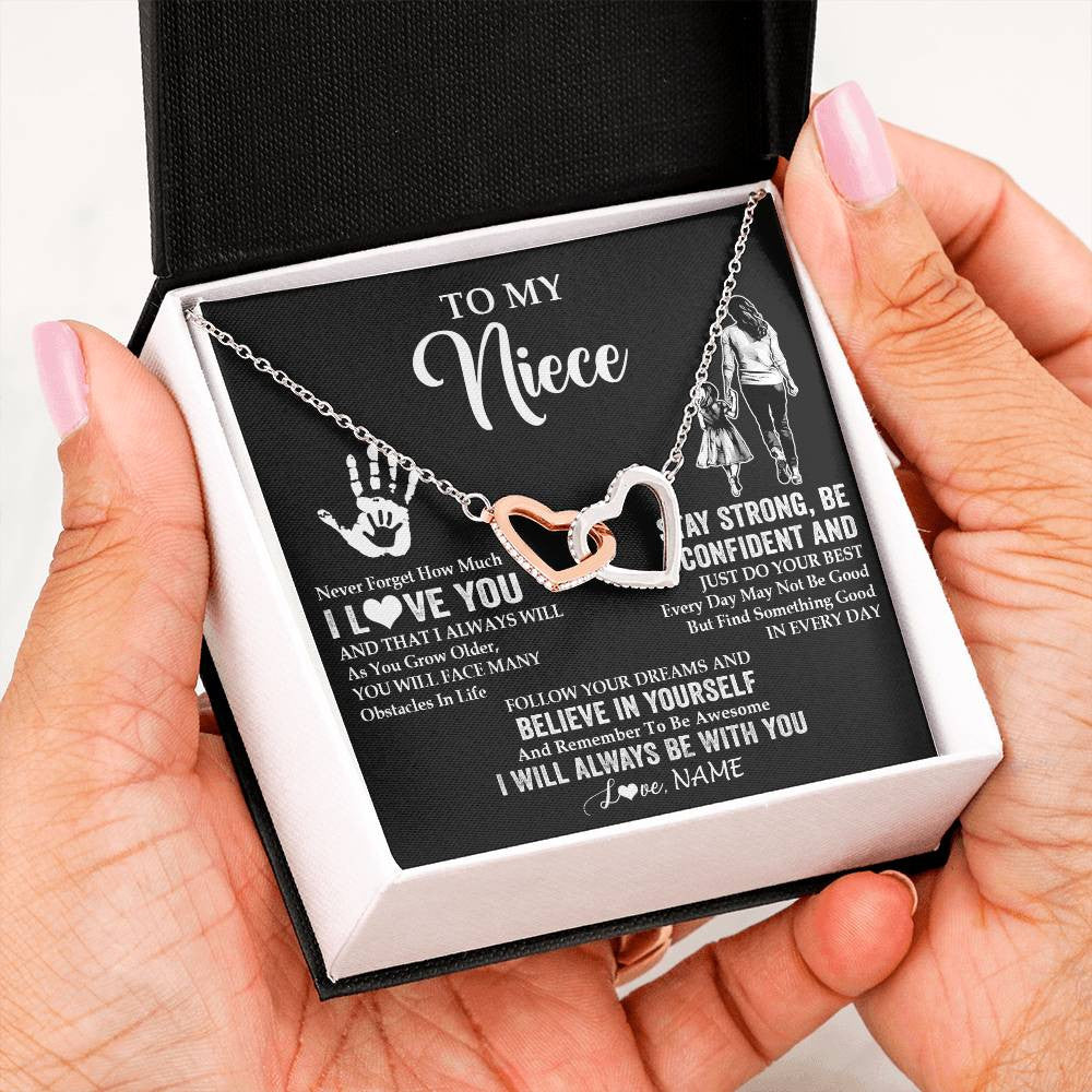 Interlocking Hearts Necklace Stainless Steel & Rose Gold Finish | 2 | Personalized To My Niece Necklace I Love You Forever From Aunt Auntie Niece Birthday Gifts Christmas Thanksgiving Graduation Customized Gift Box Message Card | siriusteestore
