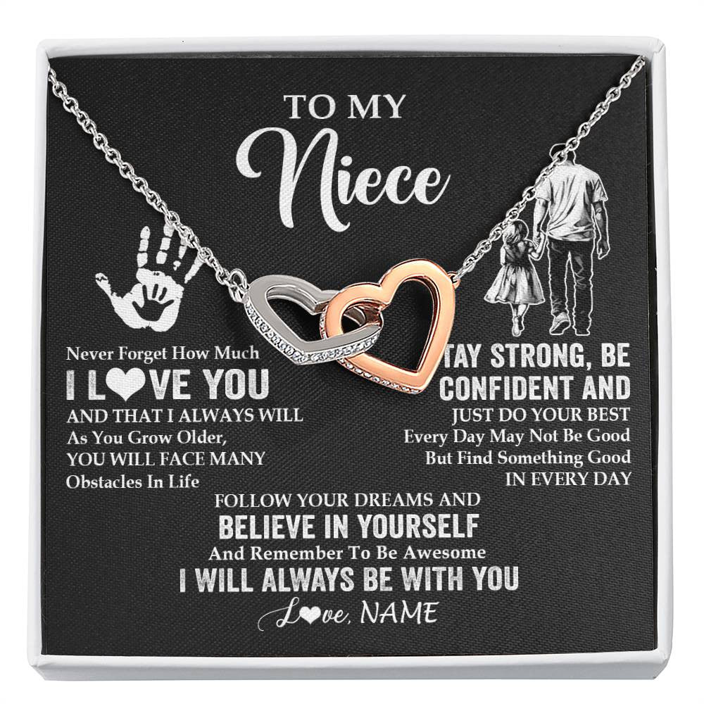 Interlocking Hearts Necklace Stainless Steel & Rose Gold Finish | 1 | Personalized To My Niece Necklace I Love You Forever From Uncle Niece Birthday Gifts Christmas Thanksgiving Graduation Customized Gift Box Message Card | siriusteestore